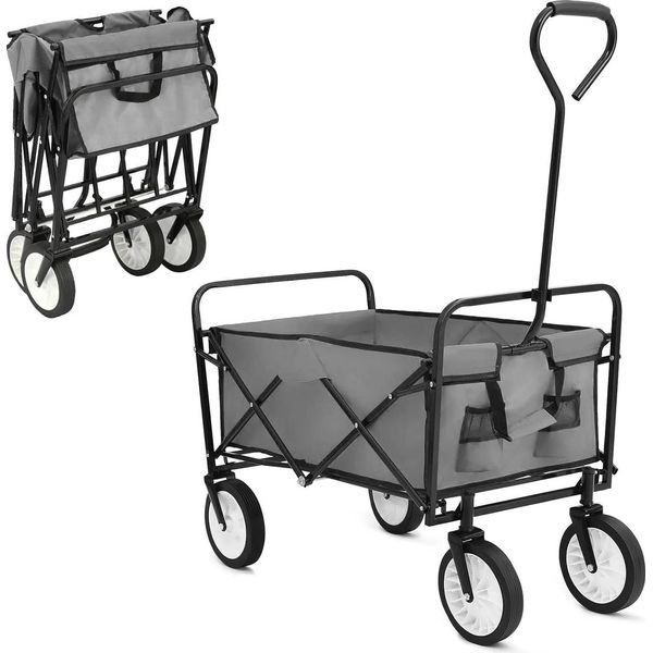 Carrello Pieghevole - Carrello Da Giardino/Trasporto - Portata 80 Kg - Volume 110 L - Pneumatici Di Gomma, Telaio In Acciaio, Tessuto Oxford - Dimensioni Pieghevoli 76 X 51 X 20 Cm - Grigio-image