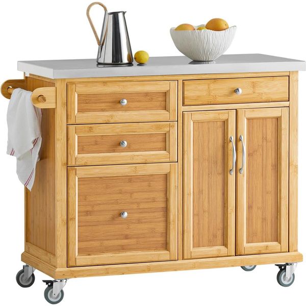 Isola Da Cucina Su Rotelle - FKW70-N - Piano Di Lavoro In Acciaio Inox, Cassetti, Carrello Bar, 115×92×46 Cm - Oro-image