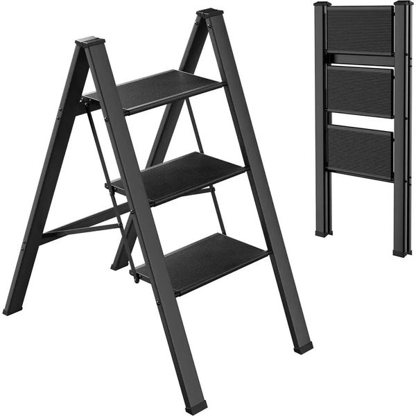 Scaletta In Alluminio - Scaletta Pieghevole - 3 Gradini - Ampi Gradini Antiscivolo - Leggera E Portatile - Portata 150 Kg - Nero-image