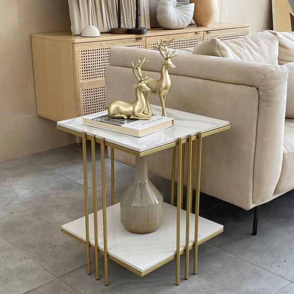 Tavolo In Marmo - Tavolino - Quadrato 44,5X44,5X55,4 Cm - Piano In Marmo Bianco - Gambe In Metallo Dorato - Moderno - Da Assemblare - Bianco/Oro-image
