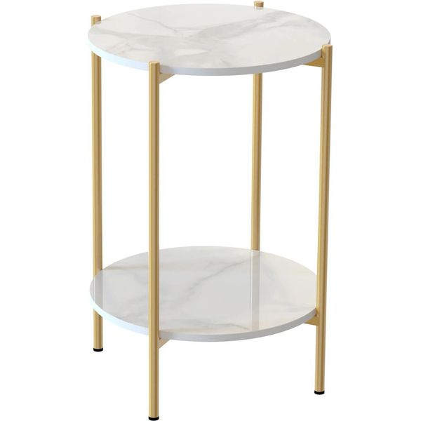 Tavolino - Comodino - 2 Livelli - Rotondo - Struttura In Metallo Ferroso - Con Ripiano - 40,5 X 55 Cm - Moderno Minimalista - Oro-image