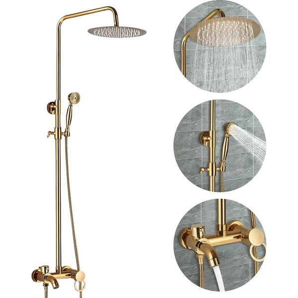 Sistema Doccia - Set Doccia A Pioggia - 3 Vie, Ottone, Soffione Rotondo Da 20 Cm - Oro-image