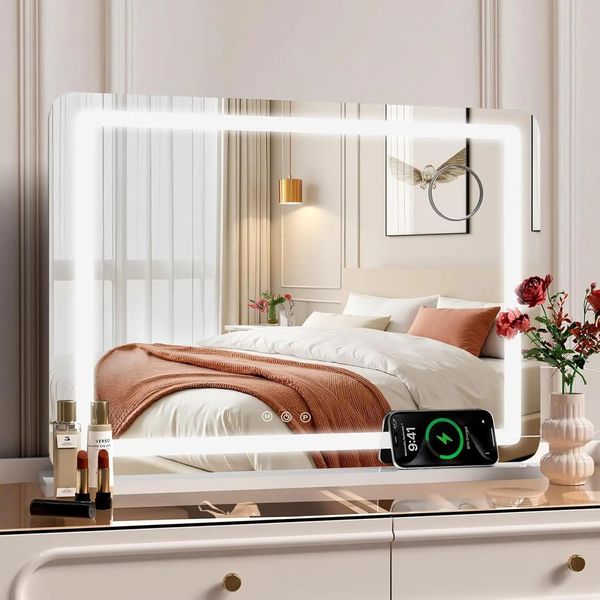 Specchio Per Il Trucco - Specchio Led Hollywood - 58 X 46 Cm - Usb E Type-C - Ingrandimento 10X - 3 Temperature Di Colore - Indipendente - Nero-image