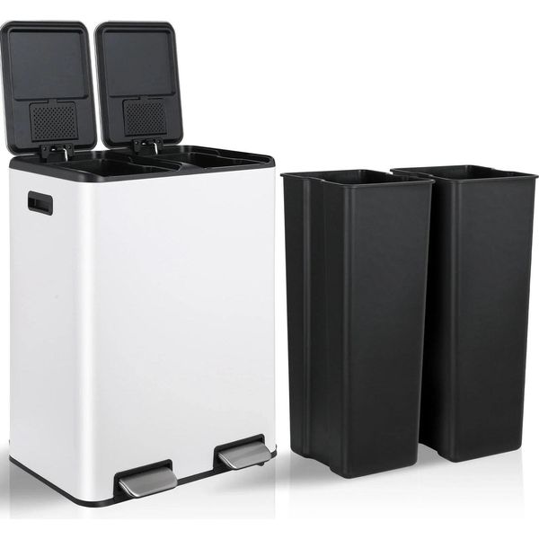 Cestino Per La Raccolta Differenziata - Cestino A Pedale A Doppia Camera - 60 L Totali - Acciaio Inox - Cestino Interno Estraibile - Grigio Chiaro-image