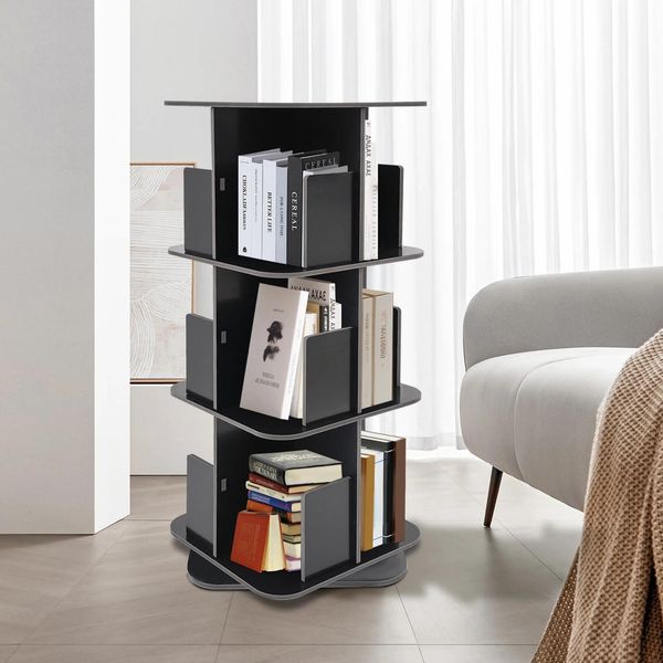 Libreria Girevole - Libreria Autoportante A 3 Livelli - Ruotabile A 360° - Salvaspazio - Con Bordo Di Sicurezza - Nero-image
