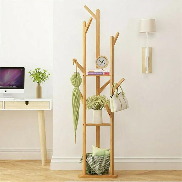 Appendiabiti A Piantana Per Cappotti E Cappelli - Design Ad Albero - Bambù Naturale - 10 Ganci - Con Portaombrelli - Misura L - Giallo Chiaro-image