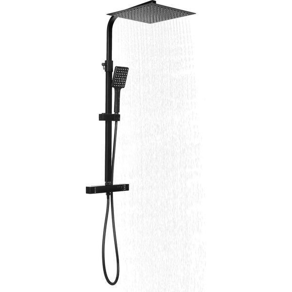 Sistema Doccia - Colonna Doccia - Termostato - Asta Telescopica Regolabile In Altezza - Doccia A Pioggia E Doccetta - Soffione Quadrato - Acciaio Inox - Nero-image