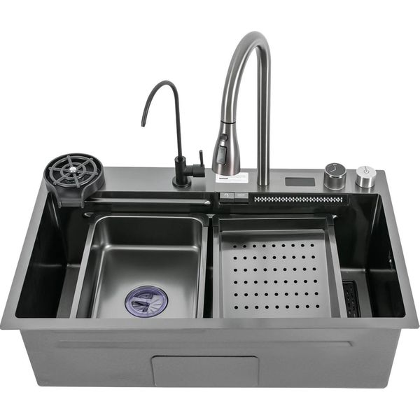 Lavello Da Cucina Lavello - Doppia Vasca - 201 Acciaio Inox - 75×46×20 Cm - Rettangolare - Con Rubinetto - 1 Foro - Nero-image