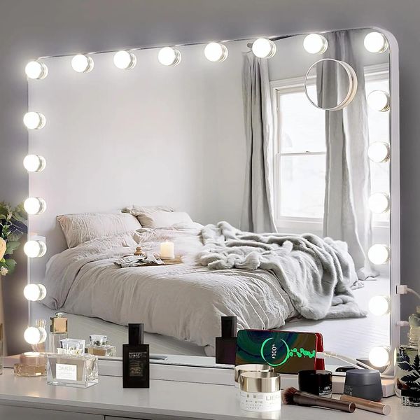 Specchio Per Il Trucco Con Illuminazione - Specchio Hollywood - 20 Luci Led Dimmerabili - Dimensioni 80 X 60 Cm - Cornice In Acciaio Inox - Bianco-image