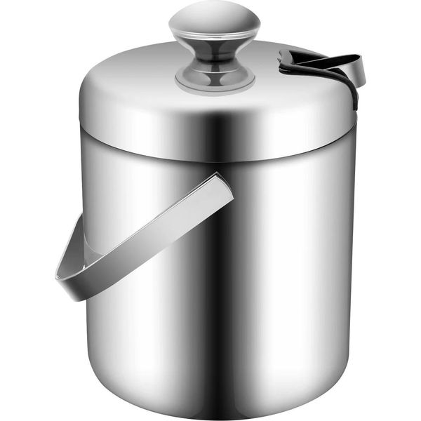 Secchiello Per Ghiaccio - Acciaio Inox 304 A Doppia Parete - 1,3 Litri - Con Coperchio E Maniglia - 14 X 22,5 Cm - Per Vino E Champagne - Argento-image