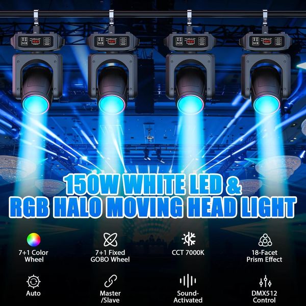 Testa Mobile A Led - Faretto Da Palcoscenico Dmx 150W - Led Bianco 80W + 21×0,3W Rgb Halo - DMX512 E Rdm - 14 Canali - Auto/Sound/Master-Slave - 90-240V - Bianco Caldo-image