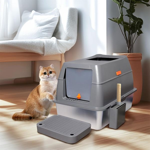 Lettiera Per Gatti - Acciaio Inox - Completamente Chiusa, Con Coperchio, Xl Per Gatti Grandi, Pareti Alte - Grigio/Argento-image