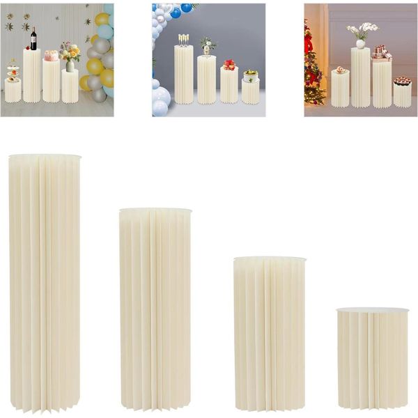Set Di 4 Colonne Decorative Cilindriche - Supporto Da Tavolo/Centrotavola - Pieghevole - Cartone E Pvc - Per Feste Di Compleanno - Tavolo Da Dessert - Bianco-image