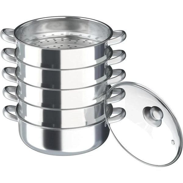 Pentola A Pressione - Pentola A Pressione A 5 Livelli Da 26 Cm - Acciaio Inox - Coperchio In Vetro - Impilabile - Doppio Bollitore - Bianco-image