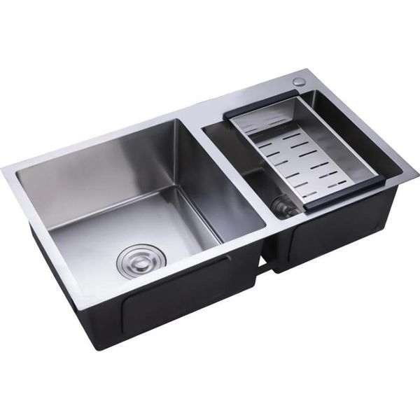 Lavello - Doppia Vasca - Acciaio Inox 201 - Insonorizzato E Resistente Alla Corrosione - Con Cestello Di Scarico - Sifone A U 62 Cm - Senza Rubinetto-image