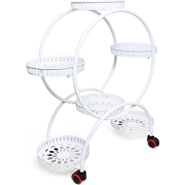 Supporto Per Piante In Metallo - Portafiori Con Rotelle - 4 Livelli - 6 Vasi - Rotondo - Per Uso Interno Ed Esterno - Bianco-image