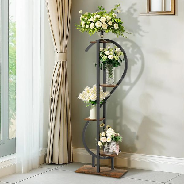 Portapiante - Scaffale Per Fiori - Altezza 153 Cm - Verticale A S - 5 Livelli - Legno - Nero/Marrone-image