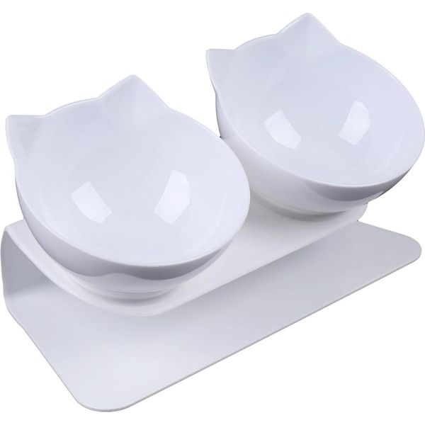 Ciotola Per Cani E Gatti - Doppia Ciotola - Inclinazione Di 15° - 359 Ml Per Ciotola - Diametro Ø 13 Cm - Design A Orecchie Di Gatto - Plastica Pc Per Uso Alimentare-image