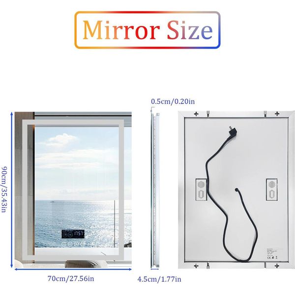 Specchio Da Bagno A Led - Specchio Da Parete - 70X90 Cm - Altoparlante Bluetooth - Touch Control - Illuminazione Anteriore E Posteriore - Antiappannamento - Grigio Chiaro-image