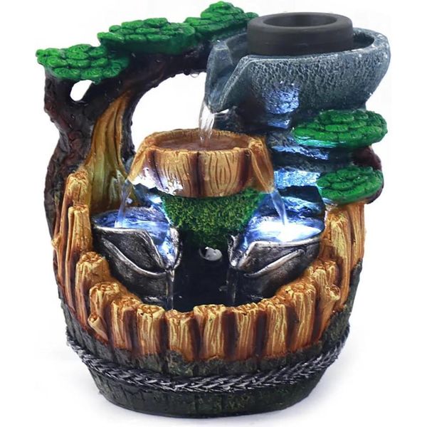 Fontana Da Tavolo Feng Shui - Fontana A Cascata Per Interni - Acqua Fluente - 2 Luci Led - Resina - Stile Moderno - Indipendente - Per L'ufficio E La Casa-image