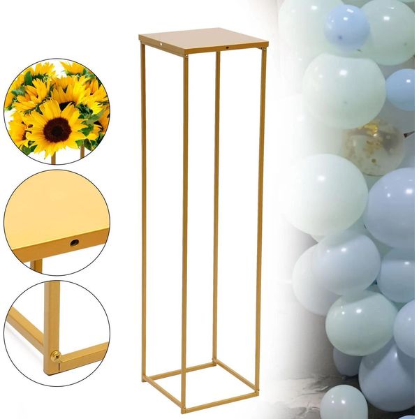 Portafiori E Portavasi - Colonna Geometrica In Metallo - Altezza 100 Cm - Quadrato - 1 Livello - Per Matrimoni E Feste - Oro-image