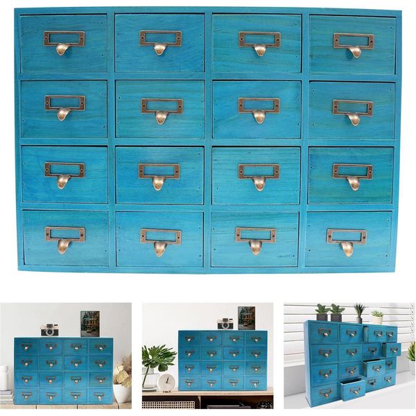Cassettiera Per Farmacia, 16 Cassetti, Organizer Da Tavolo In Legno, Stile Vintage, Blu-image
