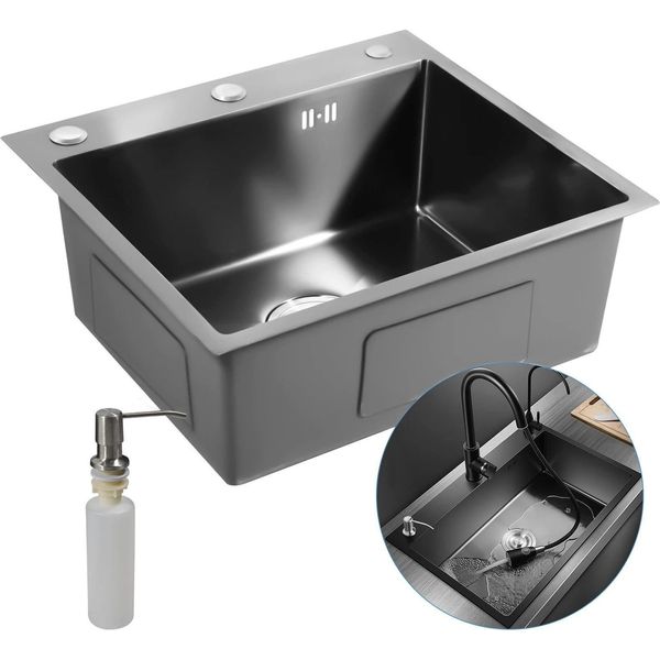 Lavello Da Cucina - Lavello Da Incasso - Acciaio Inox - Monovasca - Rettangolare - 50X45 Cm - 1 Foro - Senza Rubinetto - Nero Opaco-image