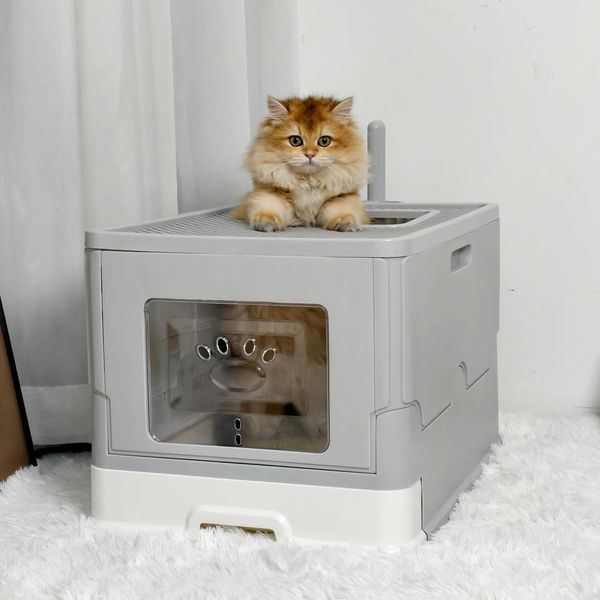 Lettiera Per Gatti - Lettiera Con Cassetto - Extra Large - Completamente Chiusa - Entrata Frontale E Uscita Superiore - A Prova Di Perdite - Facile Da Pulire - Con Paletta - Grigio-image