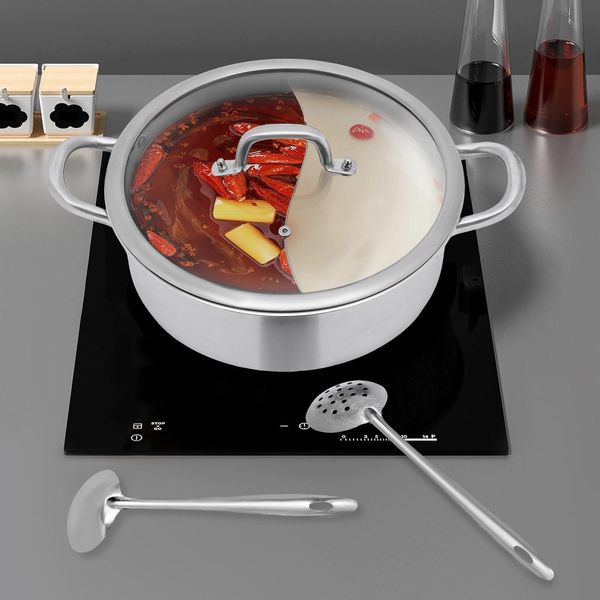Pentola Shabu Shabu - Pentola 28 Cm - Acciaio Inox 304 Per Alimenti - Divisorio In Due Pezzi - Coperchio In Vetro - Per Induzione E Gas - Bianco - Con 2 Mestoli Per Zuppa-image