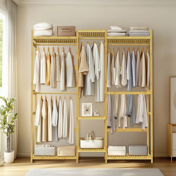 Appendiabiti/Armadio In Bambù - Freestanding - Altezza 196 Cm - Ripiani E Appendiabiti - 4 Ganci - Contenitore Aperto - Naturale-image
