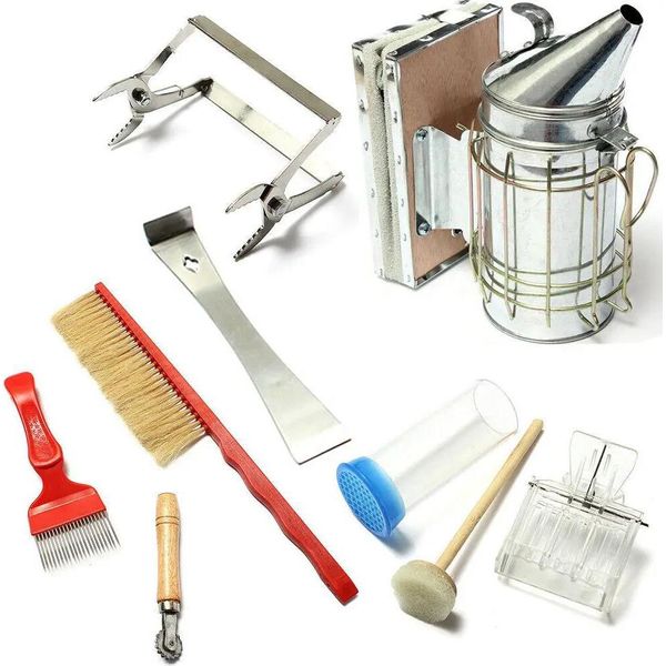 Set Di Attrezzi Per L'apicoltura - Affumicatore Per Alveare - 8 Pezzi - Acciaio Inox, Legno, Pelle Di Pecora, Ferro Zincato - Attrezzatura Per L'apicoltura-image