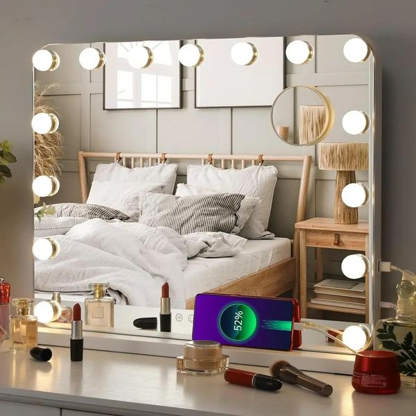 Specchio Da Trucco Hollywood Con Illuminazione, 15 Led Dimmerabili, 3 Colori Di Luce, Luminosità Regolabile, Porta Di Ricarica USB-C, 58×46 Cm, Blu-image