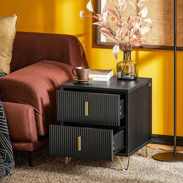 FBT115, Comodino Con 2 Cassetti In Nero, Tavolino Per Letto A Cassettone-image