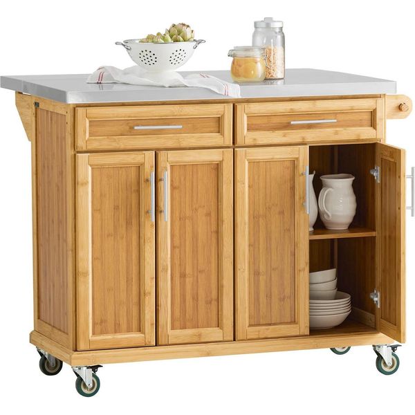 FKW69-N, Isola/Carrello Da Cucina, Piano Di Lavoro Pieghevole In Acciaio Inox, Con Armadio, Colore Caffè-image
