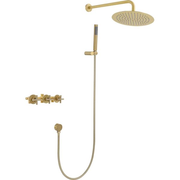 Sistema Doccia - Doccia A Pioggia Con Doccetta - Soffione Da 25 Cm - Tubo Flessibile Da 1,5 M - Cartuccia In Ceramica - Antiruggine - Ottone - Oro-image