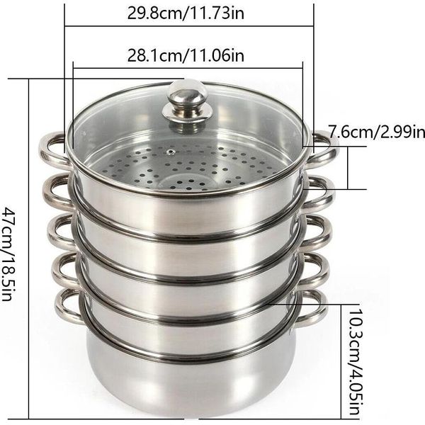 Pentola Per La Cottura A Vapore A 5 Livelli, 30 Cm, Acciaio Inox Con Coperchio In Vetro, Grigio Scuro-image