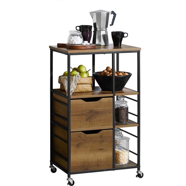 FKW111, Carrello Da Cucina/Carrello Portavivande, 2 Cassetti, 3 Ripiani, Con Rotelle, Marrone-image