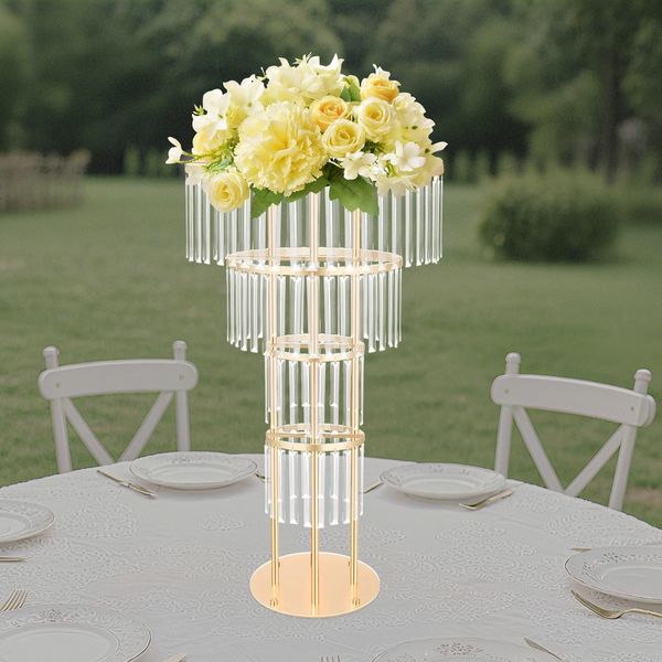Portafiori Da Matrimonio Con Cristalli - Piedistallo Rotondo A 4 Livelli - Indipendente - 50×90 Cm - Ferro E Acrilico - Rosa Chiaro-image