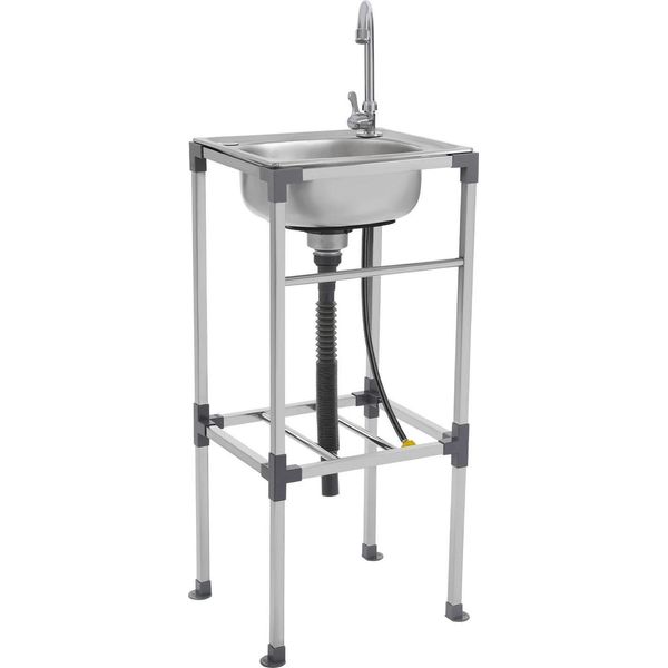 Lavello Freestanding - Monovasca - 42×37×83 Cm - Acciaio Inox - Con Rubinetto, Tubo Di Scarico, Cestello Filtrante - Argento-image