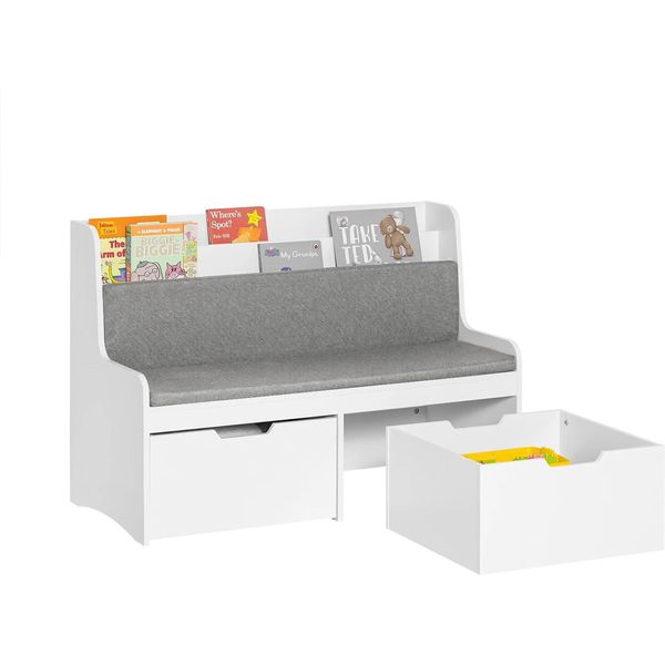 KMB66-W Panca Portaoggetti Per Bambini, Con Libreria, Portagiochi E Scarpiera, Cuscino Di Seduta, Su Rotelle, Color Avorio-image