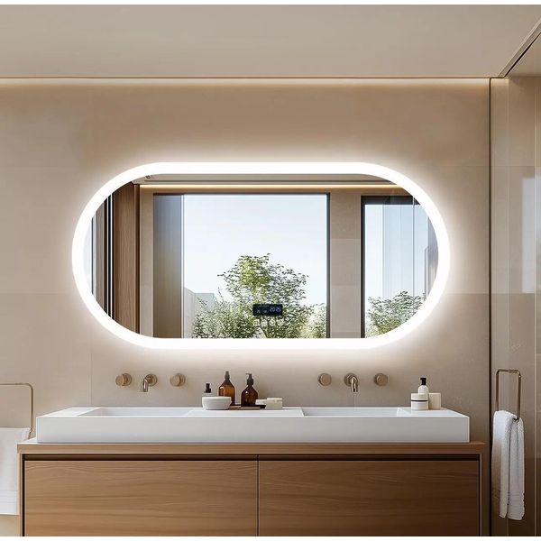 Specchio Da Bagno - Specchio Da Parete Ovale A Led - 120X60 Cm - Senza Nebbia - Altoparlante Bluetooth - Display Digitale - Senza Cornice - Grigio Chiaro-image