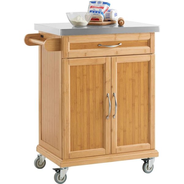 FKW13, Isola Da Cucina Su Rotelle, Carrello Da Cucina Con Piano Di Lavoro, Colore Caffè Chiaro-image