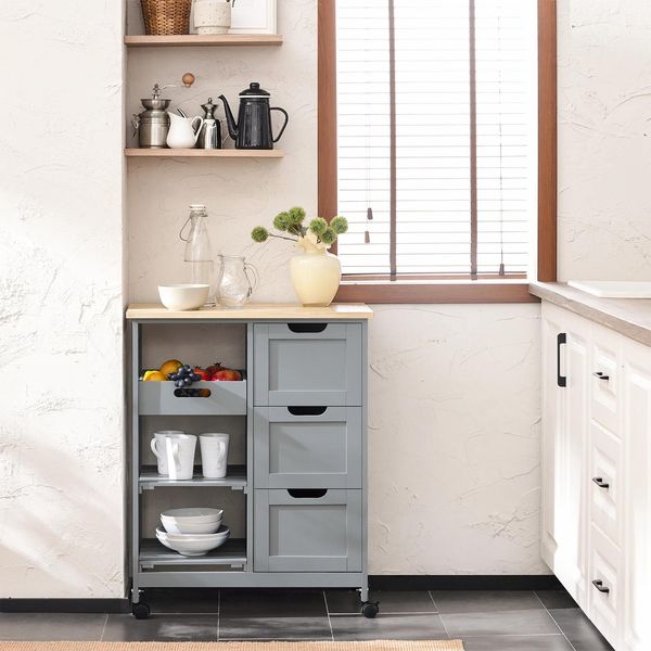 FKW79 Carrello Da Cucina, Grigio, Con Rotelle, 2 Ripiani Estraibili E 1 Vassoio, Per Cucina, Soggiorno E Sala Da Pranzo-image