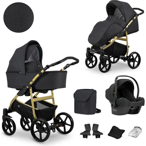 Carrozzina Kunert Mata 3In1 In Antracite/Grafite Con Telaio Dorato - Un Compagno Sicuro E Confortevole Fin Dalla Nascita-image