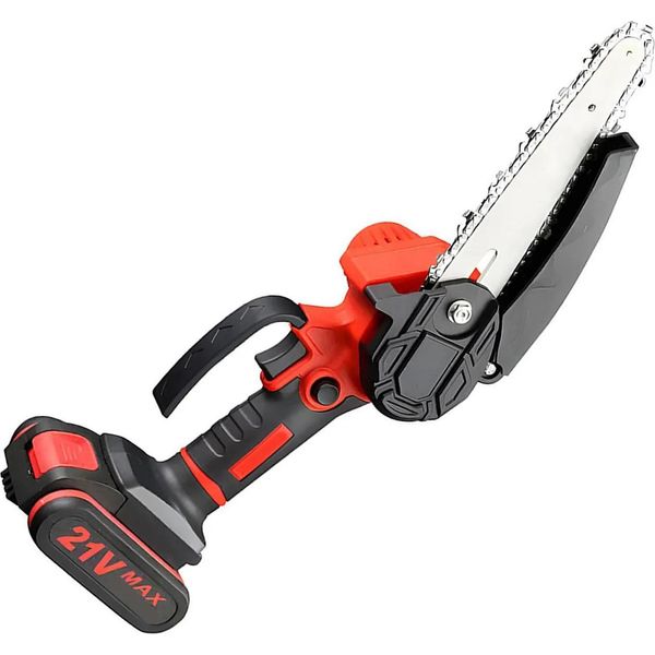 Set Mini Motosega - Motosega A Batteria 21V - Barra 10 Cm E 15 Cm - 2 Batterie - 2 Catene - Spina Ue - Rosso-image