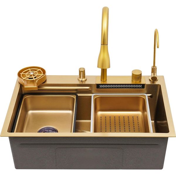 Lavello - Monovasca - 68×46×22 Cm - Acciaio Inox 201 - Rubinetto Estraibile - Insonorizzazione - Antiruggine - Oro-image