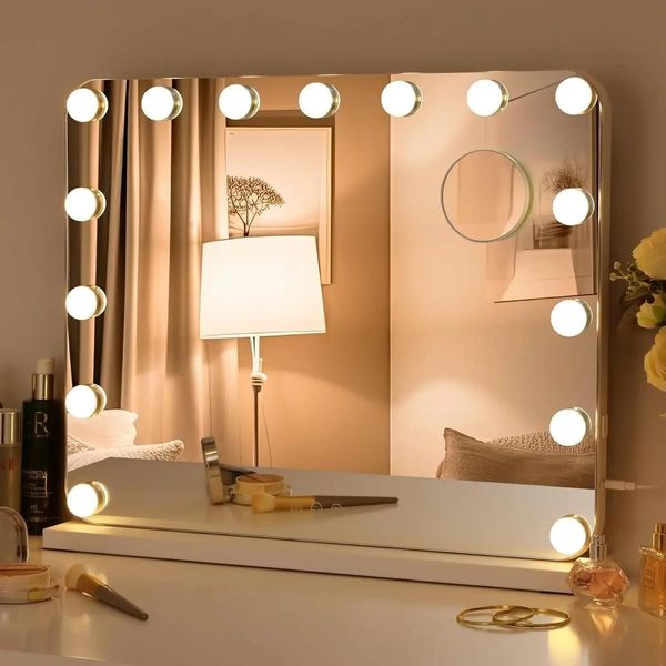 Specchio Da Trucco Hollywood Con Illuminazione, Bianco, 15 Led Dimmerabili, 3 Colori Di Luce, Luminosità Regolabile, Porta Di Ricarica Usb, 58×46 Cm-image