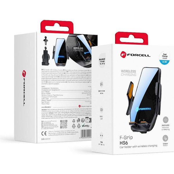 Forcell F-GRIP HS6 Supporto Per Auto Con Caricatore Wireless Con Vetro E Supporto Per Bocchetta D'aria Nero-image