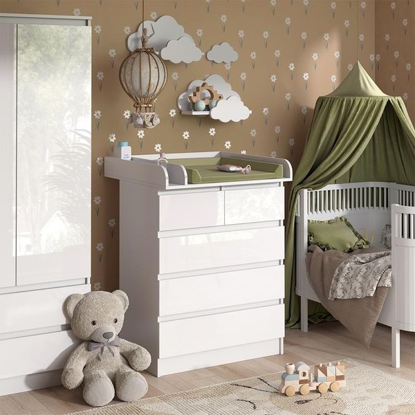 Vicco Fasciatoio Emma, 80 X 110.2 Cm Con 5 Cassetti, Bianco/Bianco Lucido-image