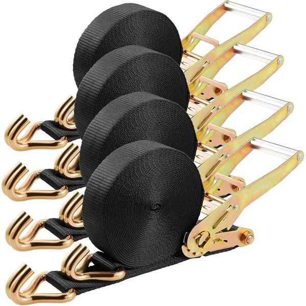 Cinghia Di Ancoraggio - Cricchetto, Doppio Gancio A J - Dimensioni 9 M X 50 Mm - Carico Di Rottura 4.990 Kg - Acciaio Inox - Set Di 4 Pezzi - Nero-image